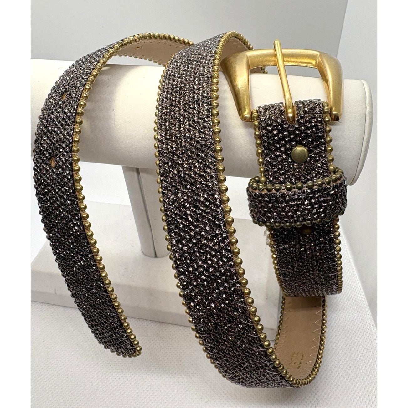 Vintage Motion East Khaki Elastic Cinch Stretchy 32” Belt Gold Floral Buckle Women main image 3