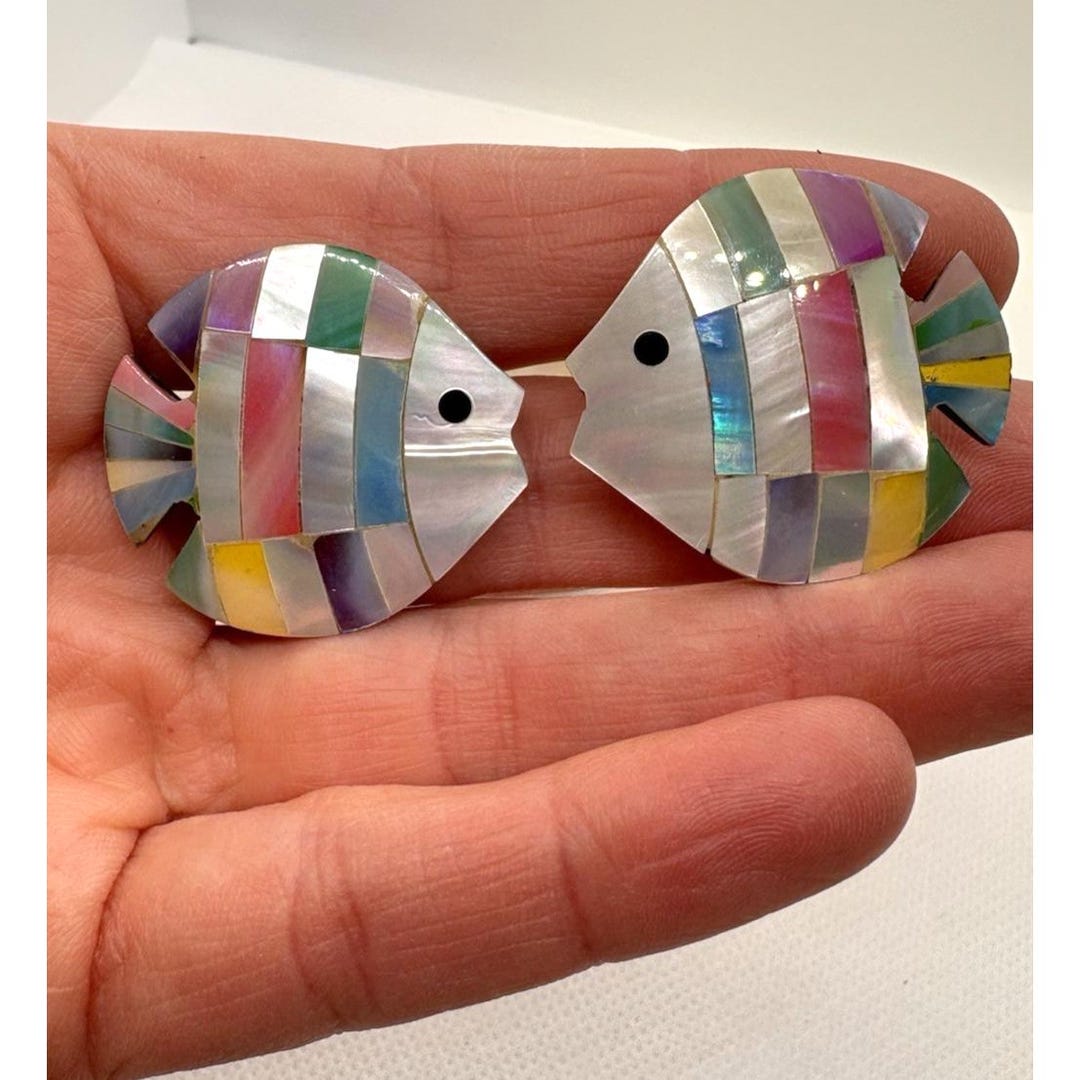 Inlay Fish 80s Mother of Pearl Inlay Fish Earrings Colorful Mosaic Shell Statement ...