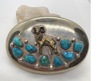 Hebilla de cinturón ovalada vintage de Ahumada & Sons Baboquivari con forma de carnero turquesa y tono plateado.