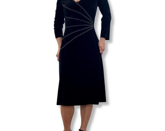 Vintage Black Velvet Midi Dress | 90s Y2K Long Sleeve Party Dress