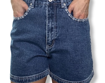 Vintage LA Blues Embroidered Denim Shorts | 90s Floral Detail High Waisted Jean Shorts