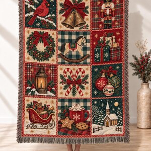 Vintage Christmas Woven Blanket, Patchwork Nutcracker Candy Cane Ornament Gingerbread Cotton Tapestry Throw, Cozy Cottagecore Holiday Decor
