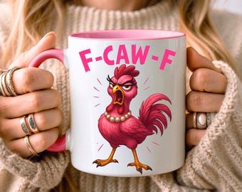 Taza de gallina F-Caw-F / Divertida taza de gallina rosa coqueta / Regalo grosero de animal de granja para ella / Taza peculiar para amantes de los pollos / Regalo grosero para compañeros de trabajo en el Reino Unido