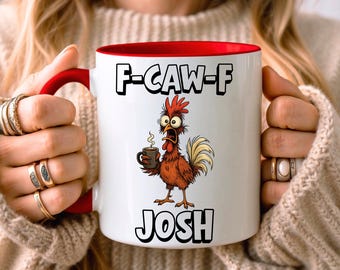 Taza de café personalizada con el texto "F-CAW-F Chicken": un regalo divertido de gallo