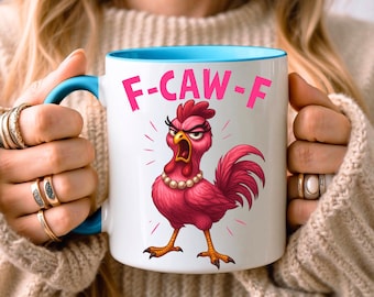 Taza de café rosa con pollo F-Caw-F: regalo con humor sobre pollos