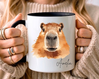 Taza personalizada de capibara, taza de café personalizada con acuarela y nombre, regalo divertido para amantes de los capibaras, linda taza de arte animal para ella.