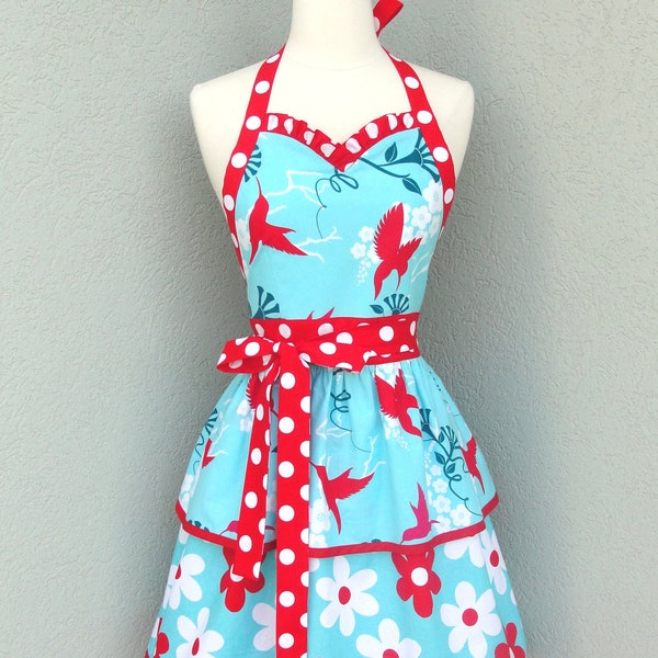 Hummingbird Flirty Sweetheart Double Ruffled Apron in Aqua & Red with Michael Miller Fabric - Made to Order