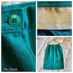 May include: A close-up of a teal skirt with a large green button. The skirt is made of a textured fabric. A tag reads "Pendleton Woolen Mills". The skirt is displayed on a wooden hanger.