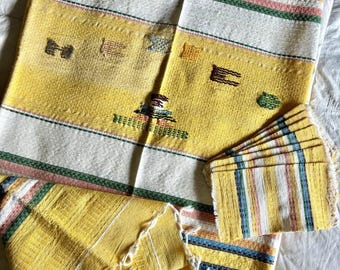 Vtg MCM Hand Loomed Mexican Tablecloth + 8-Napkin Set Woven Textile Yellow Multi