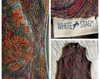 VTG White Stag Tapestry-vest dames L-rits multi bloemen Boho Eclectisch Grannycore