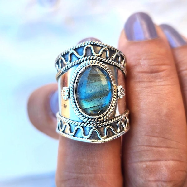 Blue Flash Labradorite Sterling Silver Statement Ring Boho Gift for Her USA Seller