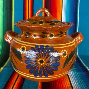 May include: A handcrafted, brown ceramic pot with a lid, adorned with blue floral designs and yellow accents. The pot features two handles and a decorative lid with a loop handle. The background is a colorful striped textile.