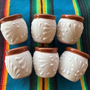 Clay Cielito Lindo Shot Glasses, Minimalist Colorway, Talavera Style tequileros, White with Brown Glossy Rim, Handmade in Mexico, Artesania