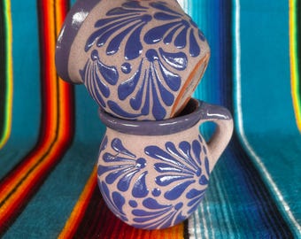 Taza de Barro para el Café de Olla, Mexican Clay Mug with Cielito Lindo Design, Purple Design on Sandy Clay Background
