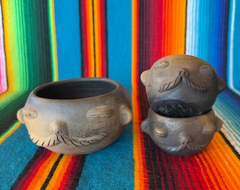 Salsero en forma de Cara, Barro Negro Mexicano, Plantador de Cara Ahumada, Cerámica de México, Cerámica estilo Oaxaca, Barro Negro Ahumado con Cara