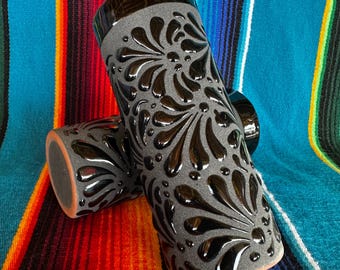 Black Cielito Lindo Drink Cups, Vasos de Barro Mexicano con estilo Negro, Clay Drink Cups, Keep Drinks Colder for Longer, Tall cup