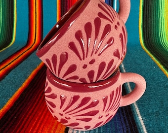 Taza de Barro para el Café de Olla, Mexican Clay Mug with Cielito Lindo Design, Bright Mauve Design on Sandy Clay Background