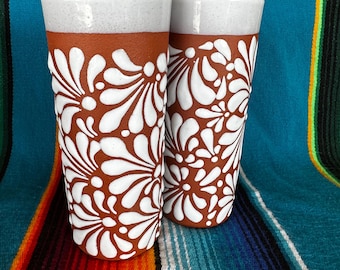 Cielito Lindo Style Talavera Tall Cups in Brown with White Design, Vasos de Barro en Cafe Natural! Vasos para las Bebidas