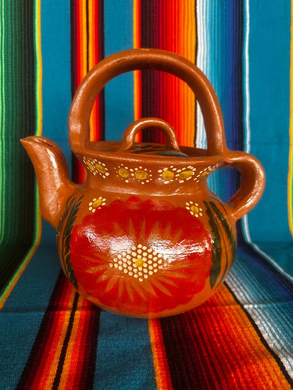 Cafetera De Barro Con Flor Grande, Artesania De Barro, Tetera Para