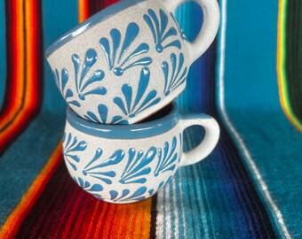 Taza de Barro para el Café de Olla, Mexican Clay Mug with Cielito Lindo Design, Blue Design on Sandy Clay Background