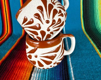 Taza de Barro para el Café de Olla, Mexican Clay Mug with Cielito Lindo Design, Caramel Brown Design on Sandy Clay Background