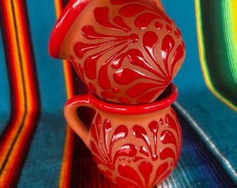 Taza de Barro, Mexican Clay Mug with Cielito Lindo Design, Bright Red on Brown Clay Mug, Taza Mexicana para el Cafe de Olla
