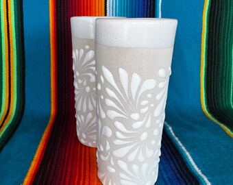 Handpainted Talavera Style Cielito Lindo Drinking Cups, Off white on White Design, Vasos altos de Barro Para las Bebidas, Tall Cups