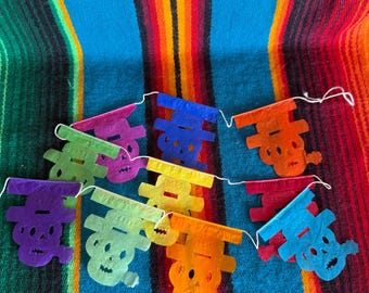 Miniature Papel Picado for Dia de los Muertos Ofrenda, Colorful Perforated Paper, Handmade in Mexico, Muerto Depicted with Cigarette