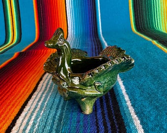 Barro Verde Mexicano, Green Glaze Clay Pottery from Mexico, Swan Salsa or Trinket Dish, Salsero de Barro Mexicano