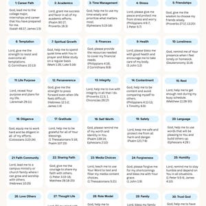 May include: A colorful infographic titled "30 Day Prayer Challenge College Students" with 30 numbered prompts. Each prompt includes a prayer request and relevant scripture references. The design features a light blue background with white text.
