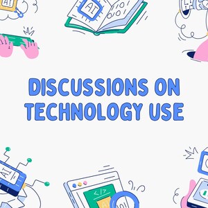 Può includere: Un'illustrazione stravagante con il testo "DISCUSSIONS ON TECHNOLOGY USE". L'immagine presenta varie icone legate alla tecnologia, tra cui un cervello, uno scudo, un libro e un computer, il tutto in uno stile cartone animato. La tavolozza dei colori è principalmente blu, rosa e bianco.