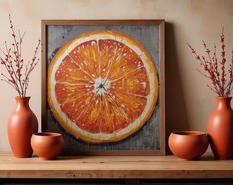 May include: An orange slice painting in a wooden frame is the focal point, complemented by terracotta vases and bowls. Red-berried branches add a natural touch. The arrangement sits on a wooden surface, creating a warm, inviting aesthetic.
