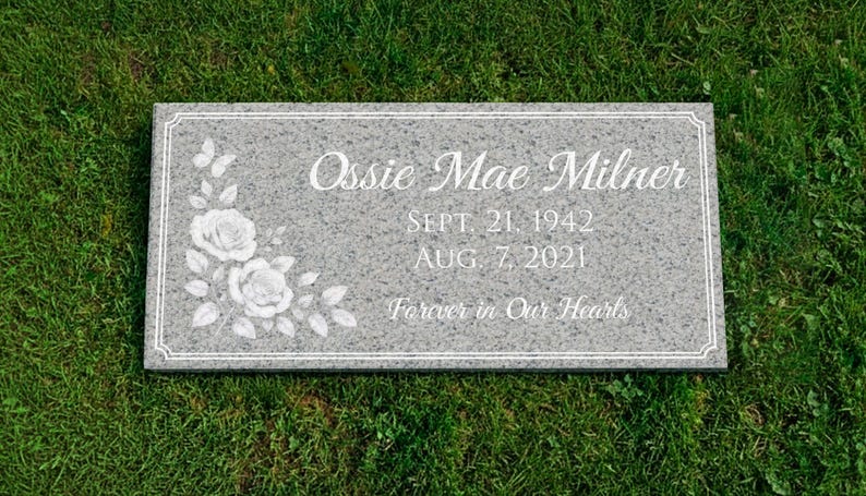 Rectangular Headstone Personalized Gray Granite Memorial Garden Stone – Rose Engraved Flat ...