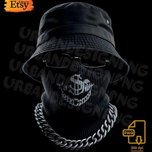 Può includere: Illustrazione digitale di una persona con cappello nero, occhiali e passamontagna nero con un disegno a catena e simbolo del dollaro argentato. Sfondo nero.