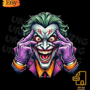 Puede incluir: Ilustración digital del Joker con cabello verde, rostro blanco y detalles rojos. El Joker viste un traje morado con una camisa naranja y se toca la cara con manos enguantadas moradas. La imagen tiene un fondo negro y el texto "Selling on Etsy".