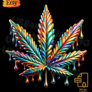 Puede incluir: Ilustración colorida de una hoja de cannabis con efecto goteo. La hoja presenta un espectro de colores, incluyendo naranja, amarillo, verde, azul y morado, sobre un fondo negro. La imagen incluye el texto "Selling on Etsy" y "PNG 300 dpi TRANSPARENT BACKGROUND".