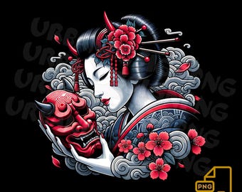 Puede incluir: Ilustración de una geisha sosteniendo una máscara oni roja, con flores rojas y nubes sobre un fondo negro. La geisha lleva un kimono tradicional con detalles rojos. La imagen tiene un estilo artístico japonés.