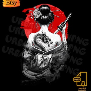 May include: Illustration of a woman with a dragon tattoo on her back, holding a katana. She is wearing a kimono, with her hair styled in a bun with floral accents. A red sun is in the background. The image is in black, white, and red.