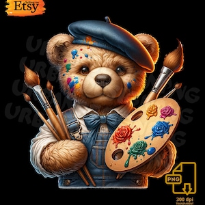 May include: A teddy bear artist with a blue beret, overalls, and a bow tie, holding paintbrushes and a wooden palette with colorful paint splotches. The image has the text "Selling on Etsy" and "PNG 300 dpi TRANSPARENT BACKGROUND".