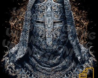 Medieval Knight Mask PNG | Dark Gothic Warrior T-Shirt Design | 300 DPI Detailed Armor Art