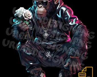 Gangsta Chimp PNG: Hip Hop Monkey with Rose (Digital Download)