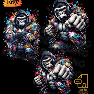 May include: Digital art featuring three gorilla illustrations. Each gorilla is wearing a hooded jacket with a colorful graffiti design. The gorillas have a muscular build and are set against a black background with paint splatter effects. The image includes the text "Selling on Etsy".