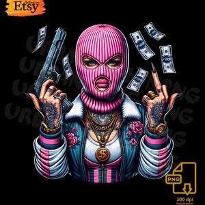 Puede incluir: Ilustraci&oacute;n digital de una persona con pasamonta&ntilde;as rosa, chaqueta azul y joyas de oro, sosteniendo una pistola y mostrando el dedo medio. El dinero flota en el aire. La imagen tiene un fondo negro y el logo de Etsy.