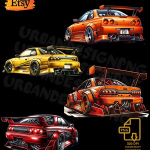 Puede incluir: Ilustración digital de cinco coches deportivos estilizados en varios colores, incluyendo naranja, amarillo y rojo. Cada coche presenta un alerón y modificaciones de carrocería personalizadas. La imagen tiene un fondo negro e incluye el logo de Etsy.