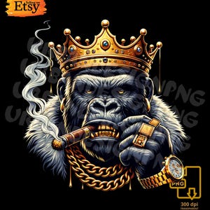 Puede incluir: Ilustración digital de un gorila con corona y joyas de oro, fumando un cigarro sobre un fondo negro. La imagen incluye el logotipo de Etsy. El gorila tiene una expresión severa.