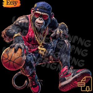May include: A digital illustration of a chimpanzee wearing a blue cap, red sunglasses, and gold jewelry, holding a basketball. The chimp is dressed in a red tank top and black shorts, with red and black sneakers. The background is black.