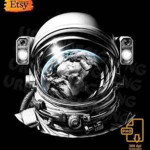 May include: A monochrome illustration of an astronaut's helmet, with the Earth reflected in the visor. The image shows the continents of Earth. The helmet has lights and detailed features. The background is black, with a "Selling on Etsy" logo.