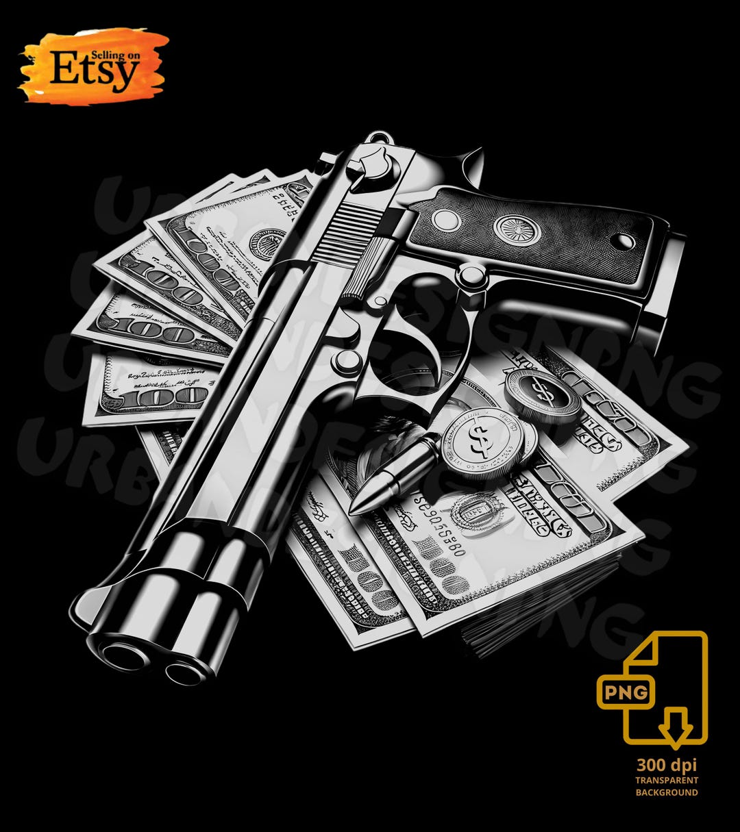 Gun and Money Urban Art – 300 DPI PNG Digital Download | Streetwear ...