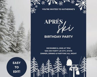 Aprés Ski Birthday Invitation 5x7 Editable Template: Dark Winter Design (Digital Download)