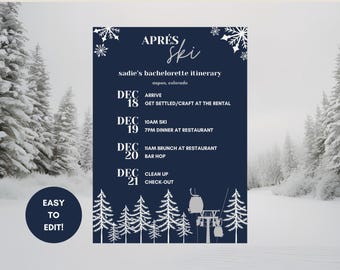 Aprés Ski Bachelorette Itinerary 5x7 Editable Template: Dark Winter Design (Digital Download)